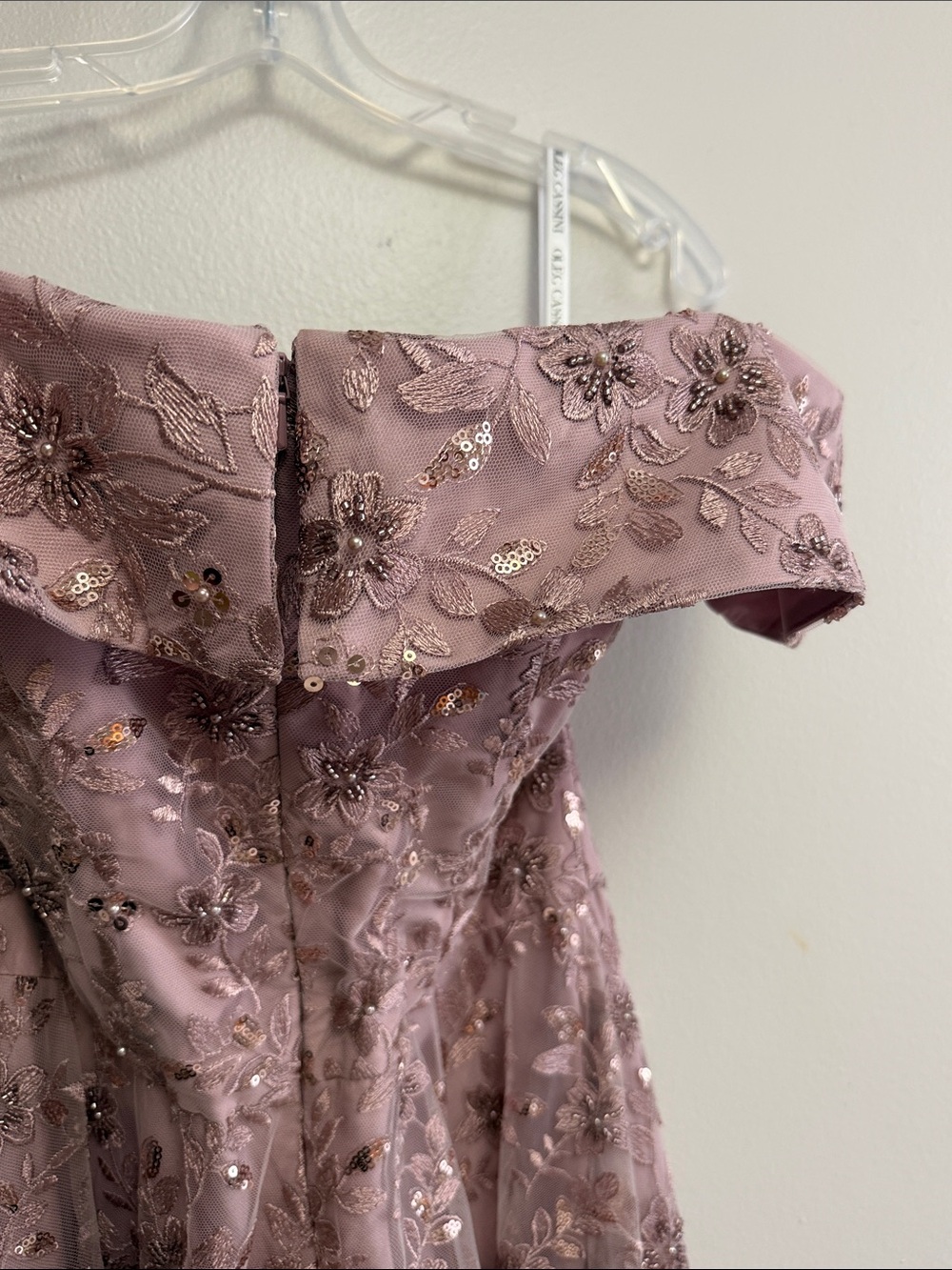 Oleg Cassini Mauve Off-Shoulder Embellished Prom Gown - Picture 5 of 7